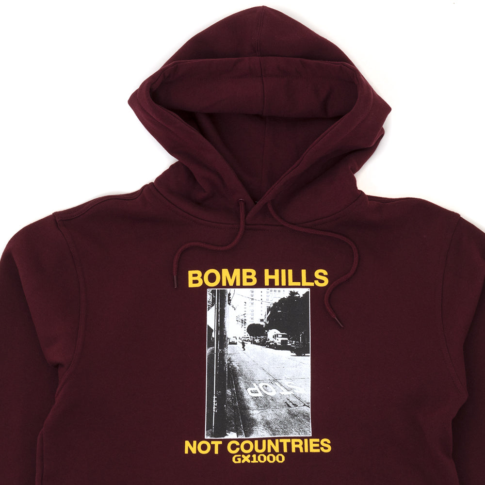 Bomb Hills Not Countries Hooded Sweatshirt (Burgundy / Yellow)