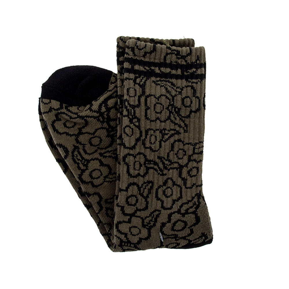 Multi Flowers Crew Sock (Olive / Black)
