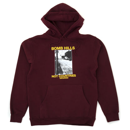 Bomb Hills Not Countries Hooded Sweatshirt (Burgundy / Yellow)