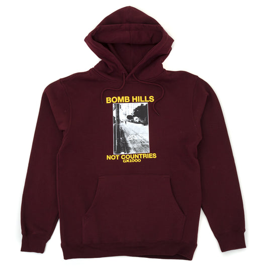 Bomb Hills Not Countries Hooded Sweatshirt (Burgundy / Yellow)
