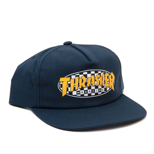 Checkered Oval Snapback Hat (Navy)